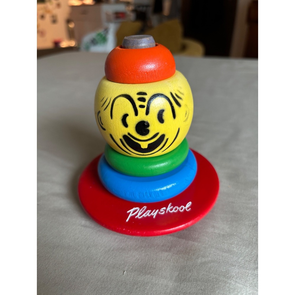Vintage Playskool Wooden Stacking Toy Clown Face Multi Color Rings Wood Base